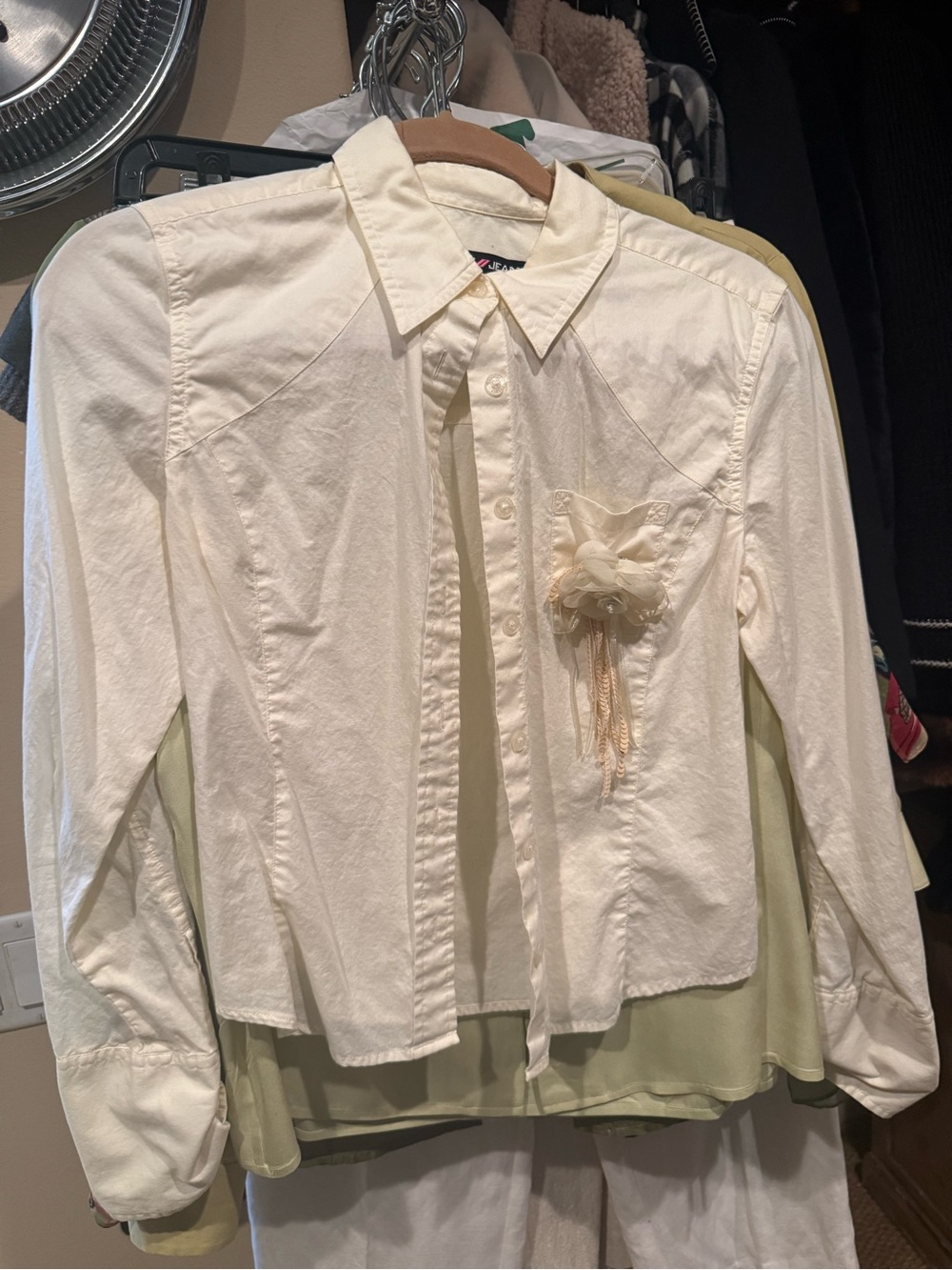 Classic Cream Button-Up Shirt with Floral Accent